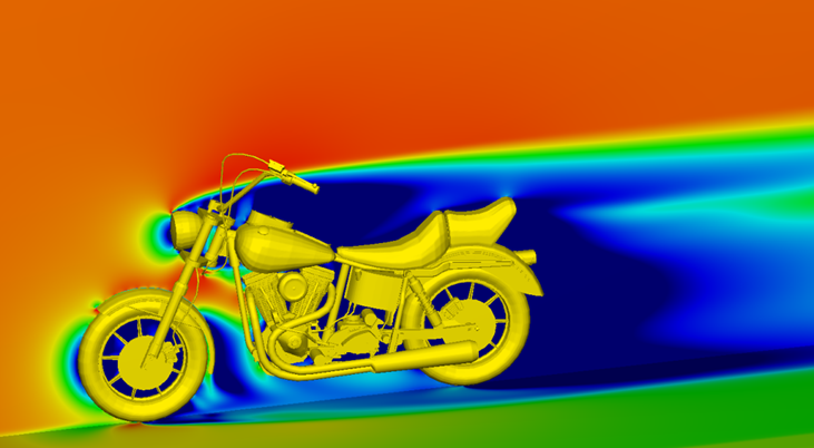 Grafika przedstawiająca analizę przepływu powietrza wokół motocykla.