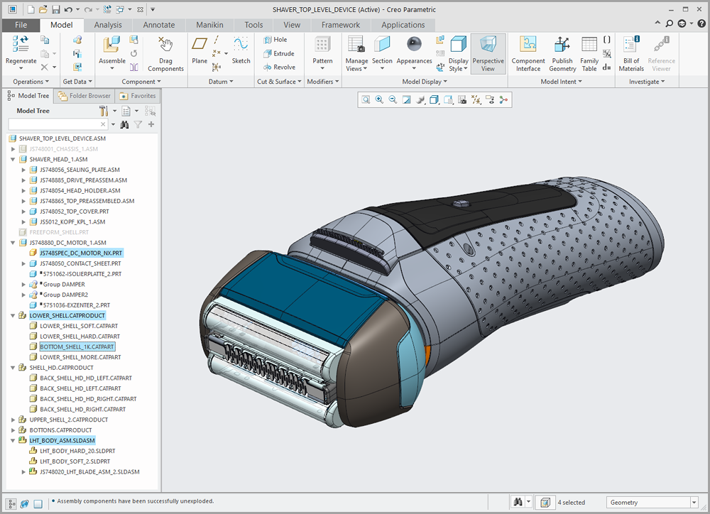 Grafika przedstawiająca zespół Creo zawierający modele z innych systemów CAD otworzone dzięki technologii Unite.