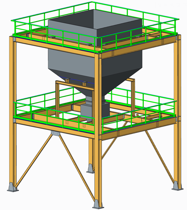 Grafika przedstawiająca strukturę kratownicową z barierkami i wspornikami, zaprojektowaną z wykorzystaniem Creo Advanced Framework.