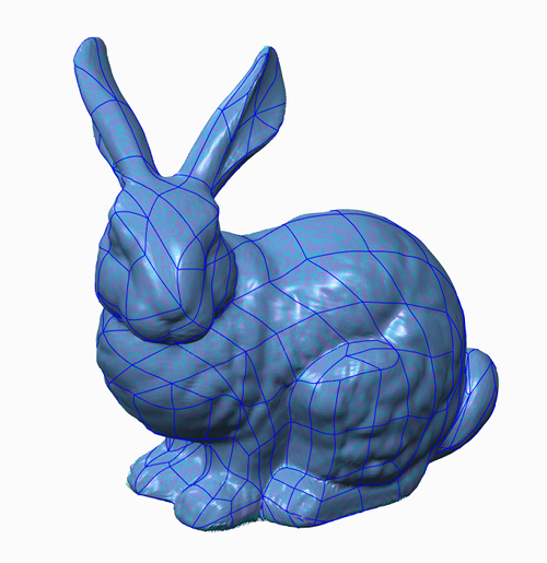 Grafika przedstawiająca model fasetkowy królika uzyskany z chmury punktów i przetworzony za pomocą rozszerzenia Creo Reverse Engineering.
