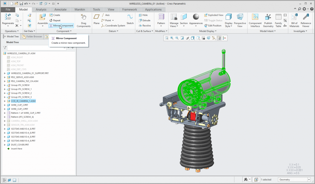 Narzędzie Mirror Component dostępne w zespole Creo Parametric