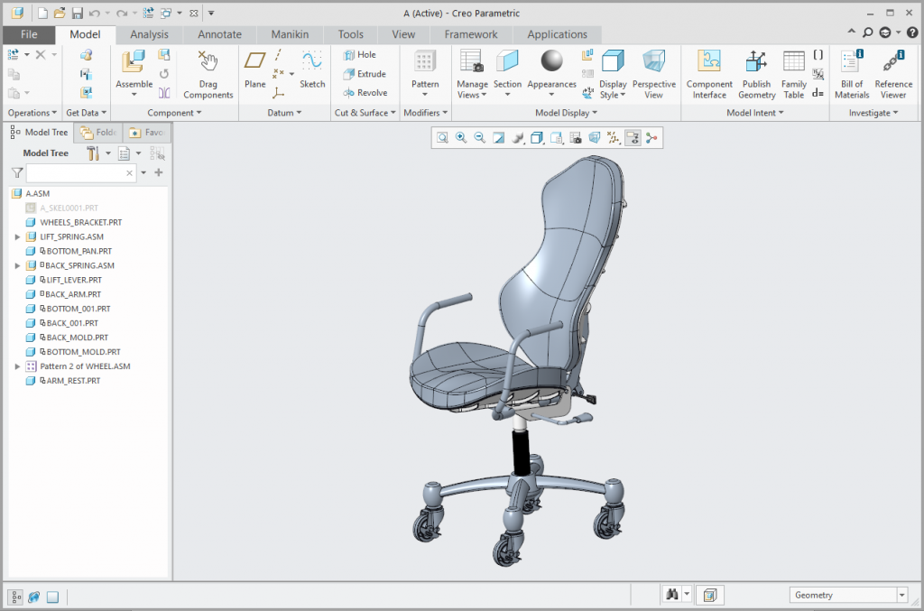 Grafika przedstawiająca model krzesła biurowego.