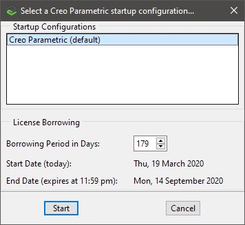 Rysunek przedstawiający okno konfiguracji wypożyczenia licencji Creo Parametric z serwera.