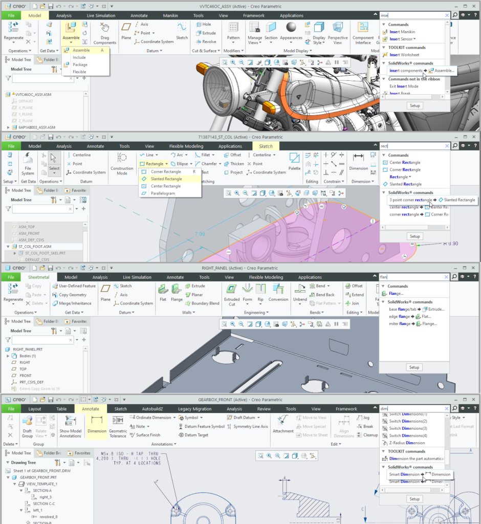 Grafika przedstawiająca wyszukiwanie poleceń SolidWorks w różnych trybach pracy Creo Parametric.