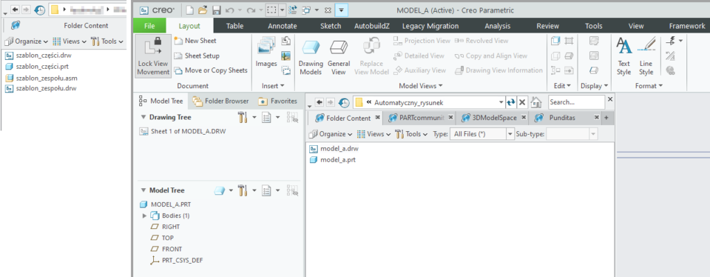 Rysunki szablonów modeli Creo Parametric i stworzony automatycznie rysunek nowej części.