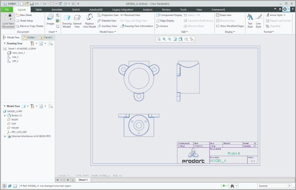 Rysunek Creo Parametric zawierający podstawowe widoki stworzony automatycznie po ustawieniu opcji rename_drawings_with_object.