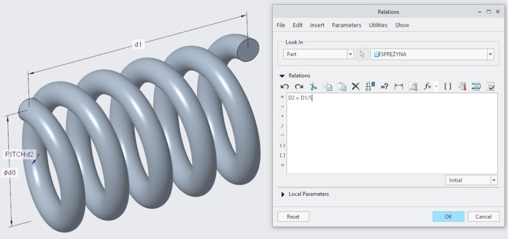 Okno relacji Creo Parametric zawierające równanie definiujące stałą liczbę wojów sprężyny.