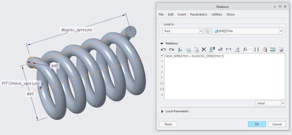 Grafika modelu i okno relacji Creo Parametric przedstawiające opisowe oznaczenia wymiarów.