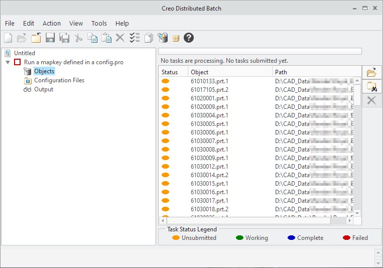 Okno dialogowe Creo Distributed Batch zawierające ustawienia uruchomienia makro dla wielu modeli Creo.