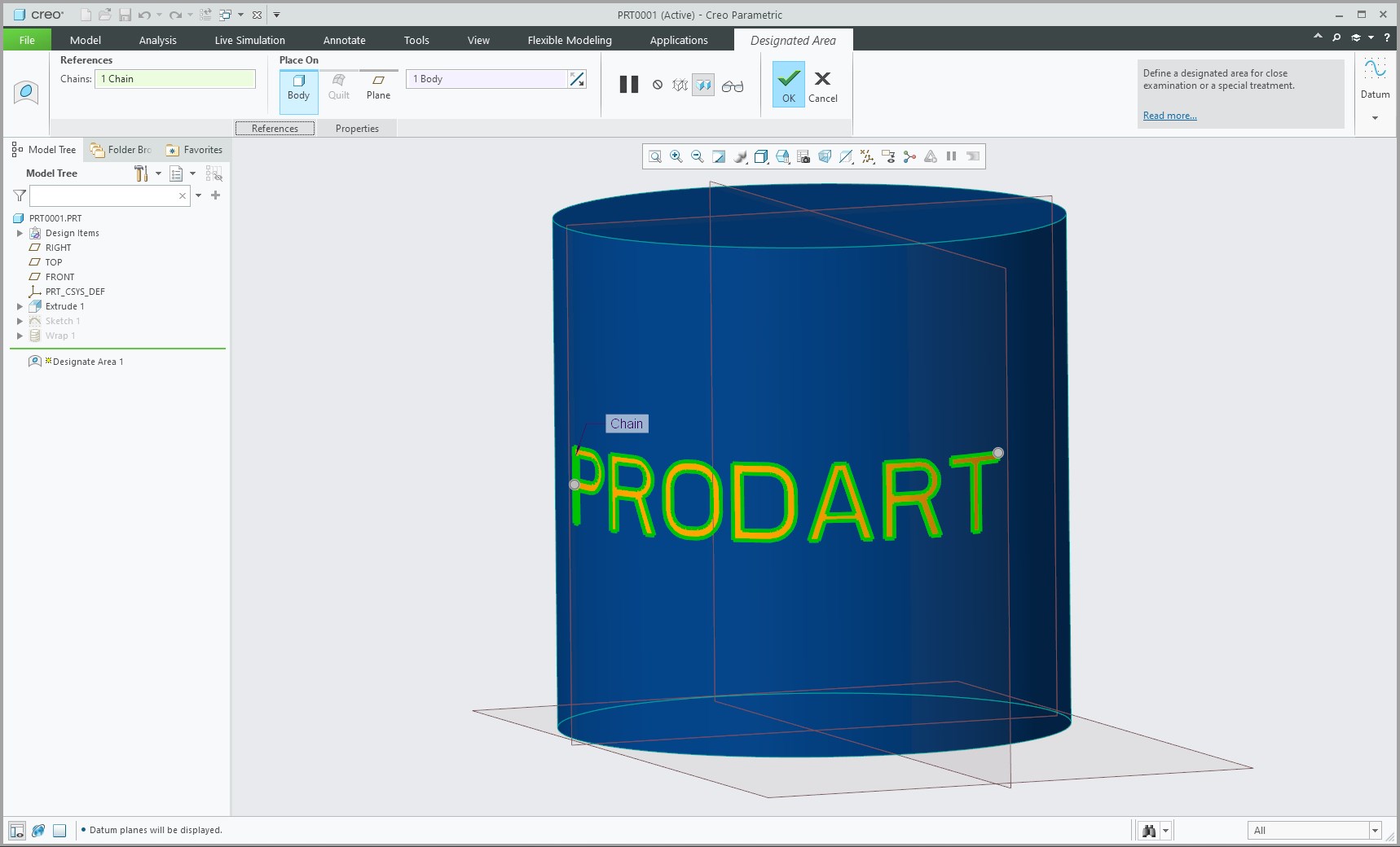 Zawijanie tekstu na walcu w Creo Parametric Prodart