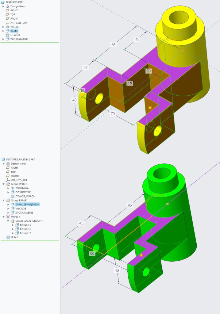 Porównanie dwóch modeli Creo Parametric stworzonych z użyciem różnej liczby cech.