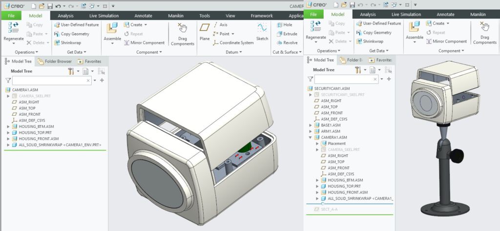 Asocjatywność funkcji Shrinkwrap przedstawiona na przykładzie zmiany położenia komponentu w modelu zespołu Creo Parametric.