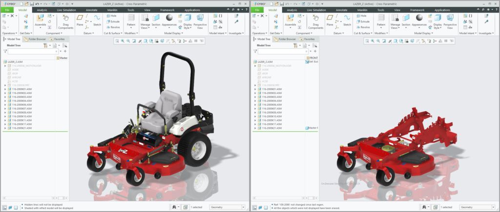 Porównanie pełnego modelu zspołu kosiarki wczytanego do Creo Parametric oraz reprezentacji uproszczonej tego samego modelu zawierającej jedynie aktualnie niezbędne modele 3D komponentów.