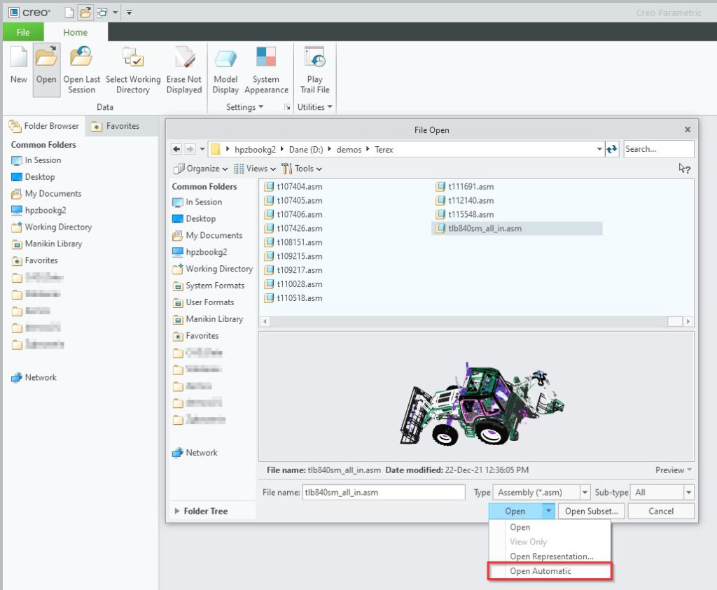 Otwieranie modelu zespołu w reprezentacji automatycznej bezpośrednio z poziomu okna dialogowego „Otwórz plik (Open File)” w Creo Parametric.