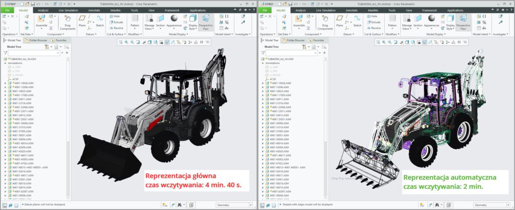 Porównanie czasu wczytania reprezentacji głównej i reprezentacji automatycznej modelu Creo Parametric oraz wyświetlanej geometrii.