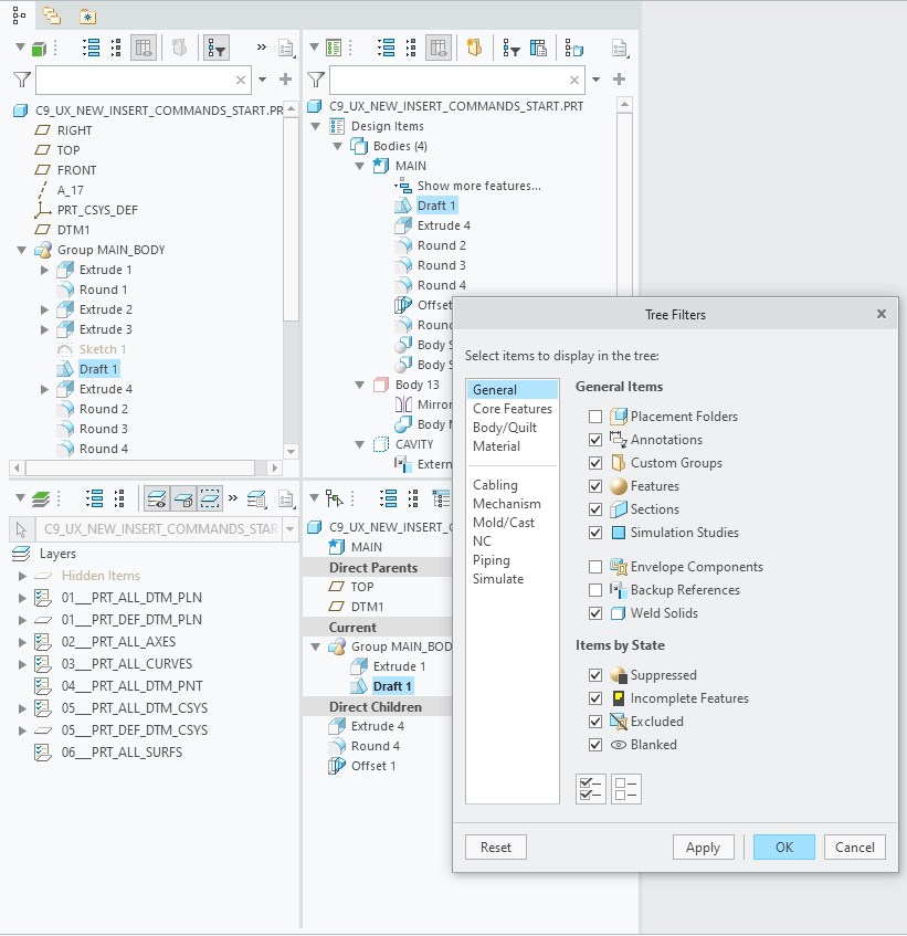 Nowość w Creo 9.0: rozbudowane drzewo modelu i zmodeernizowane okno konfiguracji filtrów.