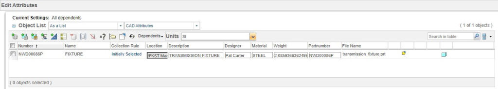 Okno systemu PTC Windchill umożliwiające edytowanie wartości parametrów modelu CAD bezpośrednio z poziomu systemu PDM.