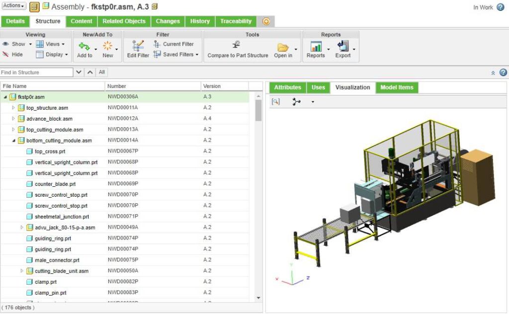 Strona informacyjna w systemie PTC Windchill przestawiająca strukturę modelu CAD odczytaną bezpośrednio z pliku CAD oraz szczegółową wizualizację 3D modelu.