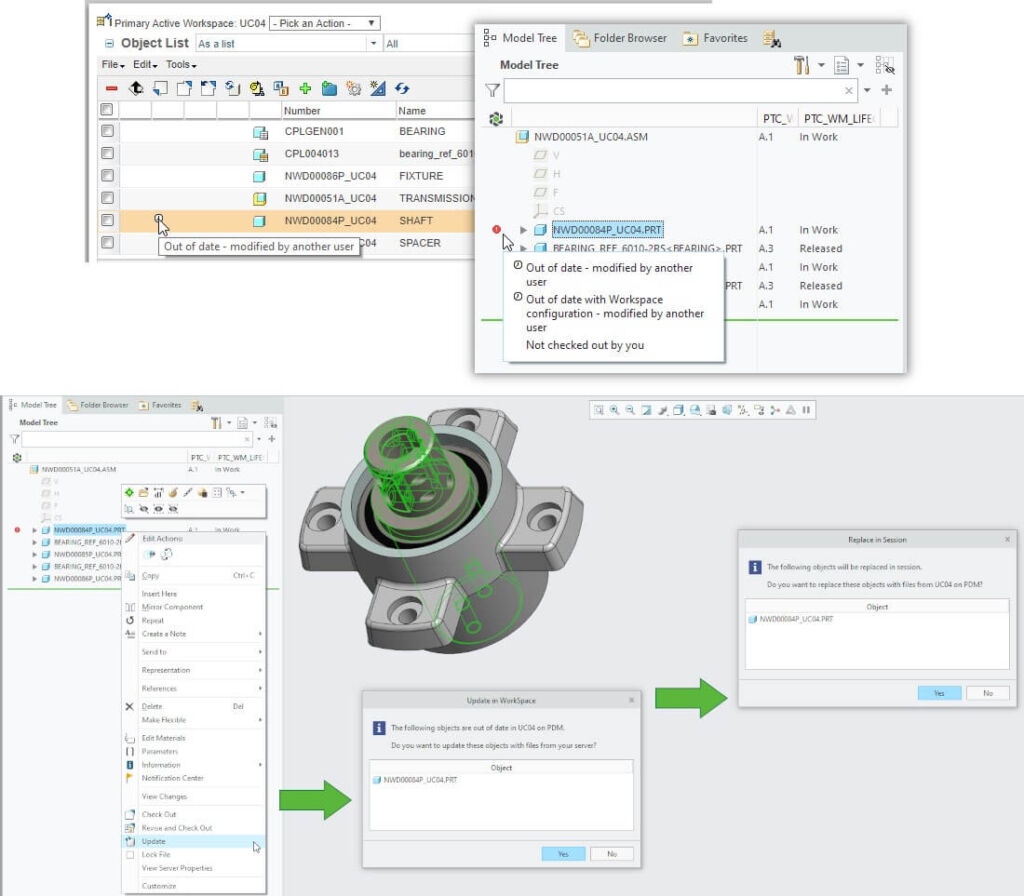 Informacje o nieaktualnym modelu CAD wczytanym do sesji Creo Parametric oraz mechanizm aktualizowania modelu CAD bezpośrednio w sesji Creo Parametric z wykorzystaniem jego nowszej wersji stworzonej w systemie PTC Windchill.