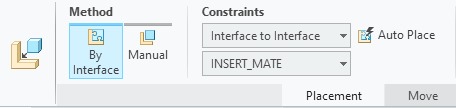 Panel cechy wstawiania komponentu Creo Parametric z ustawionym automatycznie menu umieszczania komponentu poprzez połączenie interfejsu z interfejsem.