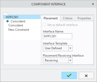 Okno dialogowe Creo Parametric służące do definiowania interfejsu komponentu typu Receiving.