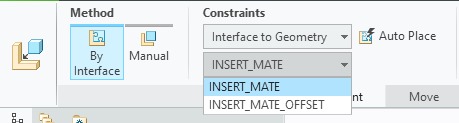 Panel cechy wstawiania komponentu Creo Parametric z menu wyboru interfejsu aktywnego podczas umieszczania komponentu.
