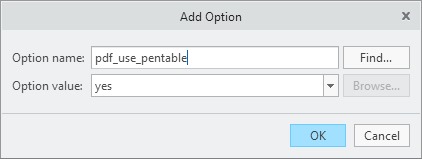 Okno dialogowe Creo Parametric służące do skonfigurowania opcji pdf_use_pentable w pliku config.pro.
