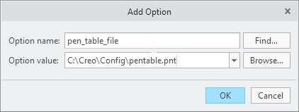 Okno dialogowe Creo Parametric służące do skonfigurowania opcji pen_table_file w pliku config.pro.