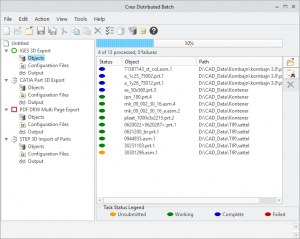 Okno Creo Distributed Batch zawierające operacje wsadowe eksportu do formatów IGES, CATIA, PDF oraz importu modeli z formatu STEP..